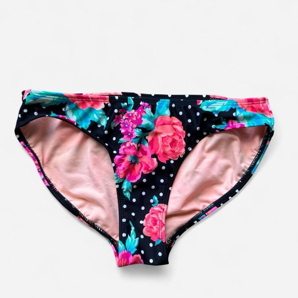 Ocean Pacific Black & White Polka Dot, Pink Floral Design Bikini Bottoms Medium